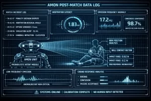 Futuristic AMON post-match diagnostic screen displaying incident logs, arbitration latency, emission anomalies and crowd response metrics