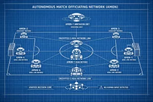 Blueprint-style schematic showing all seven AMON robotic referee units positioned around a football pitch and linked to a central decision core.