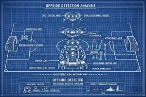 Laser-grid offside detection diagram showing attacker’s shoulder measured 2.1mm beyond the last defender at the moment of ball contact