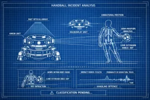 AMON unit scanning a player for handball using biomechanical posture analysis and tactical behaviour evaluation panels.