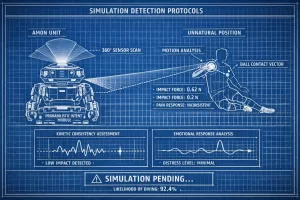 Diagnostic interface showing AMON analysing a fallen player with kinetic consistency charts and a highlighted simulation alert.