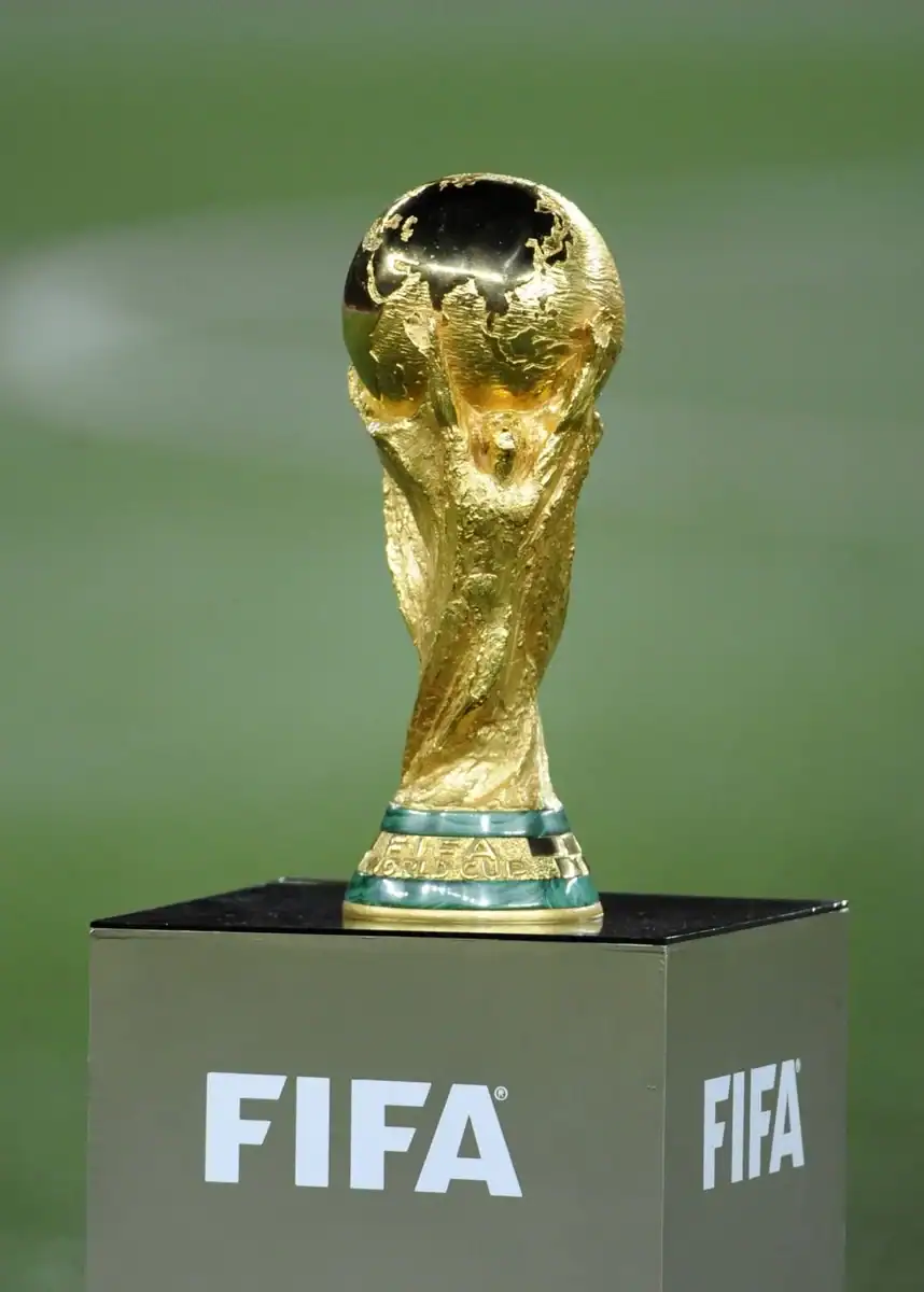 FIFA World Cup 2026 trophy on display at a stadium